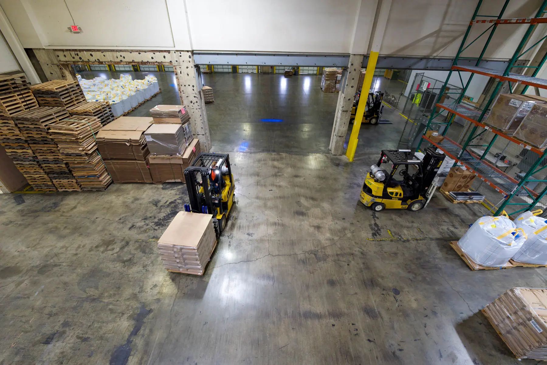 Pharmaceutical distribution warehouse with racked inventory